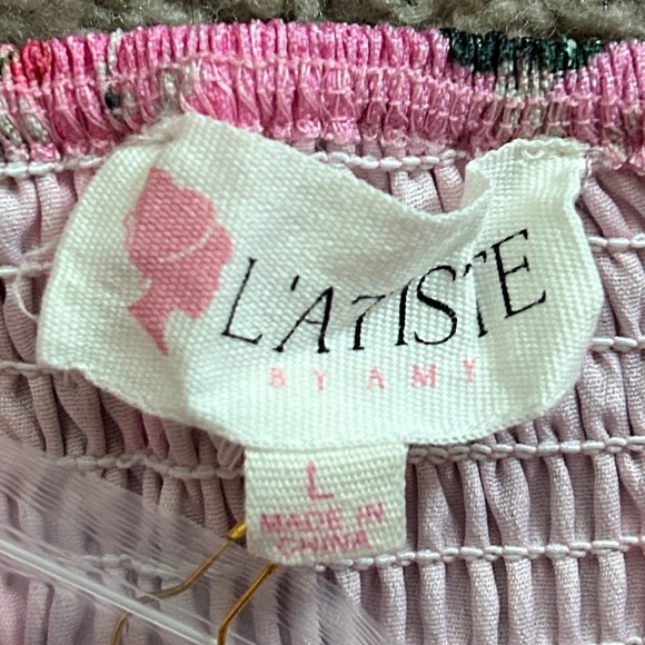 L'ATISTE Pink Ombre Green Floral Butterfly Zip Up Puff Sleeve Top NWT Size Large - Picture 7 of 12